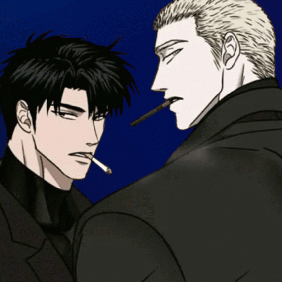 Shutline characters smoking in black suits.