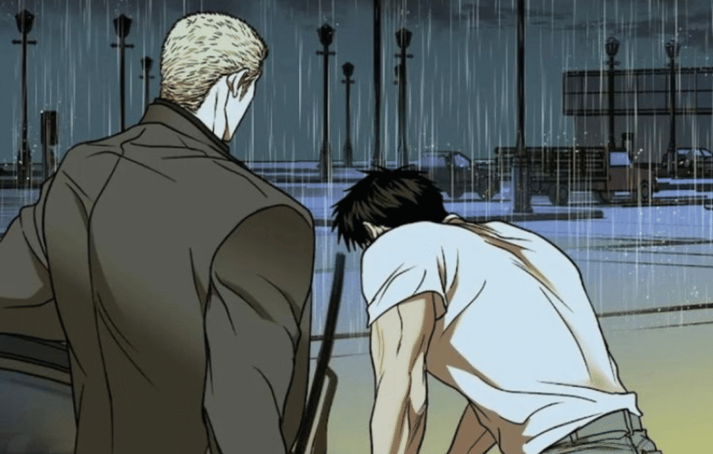 Shutline manhwa Jake and Shingun in the rain.