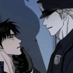 An officer in black gloves lifting a young man's chin in bato shutline.