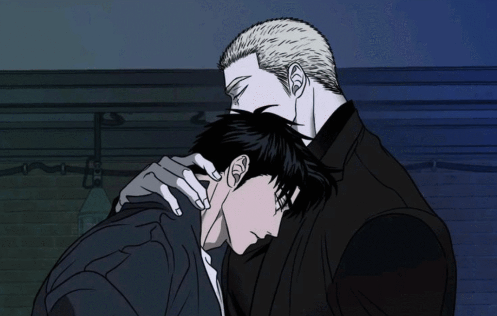 A man resting his head on another’s chest in a bato shutline.