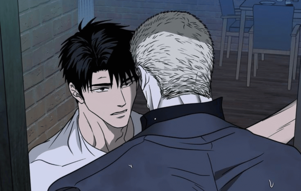 Dark-haired man looking up at a blond man in a bato shutline.