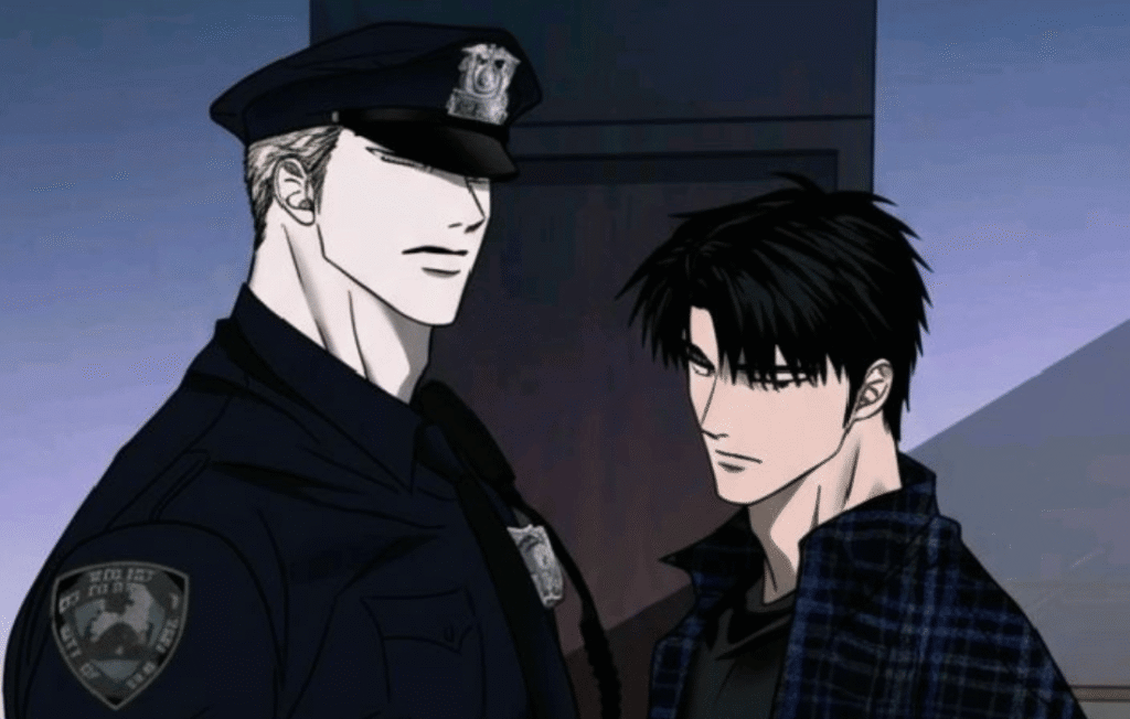 An officer in uniform standing beside a dark-haired man in bato shutline.