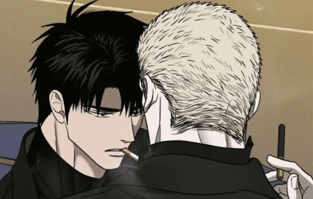 Two men smoking in an intimate, tense moment in loklok shutline.