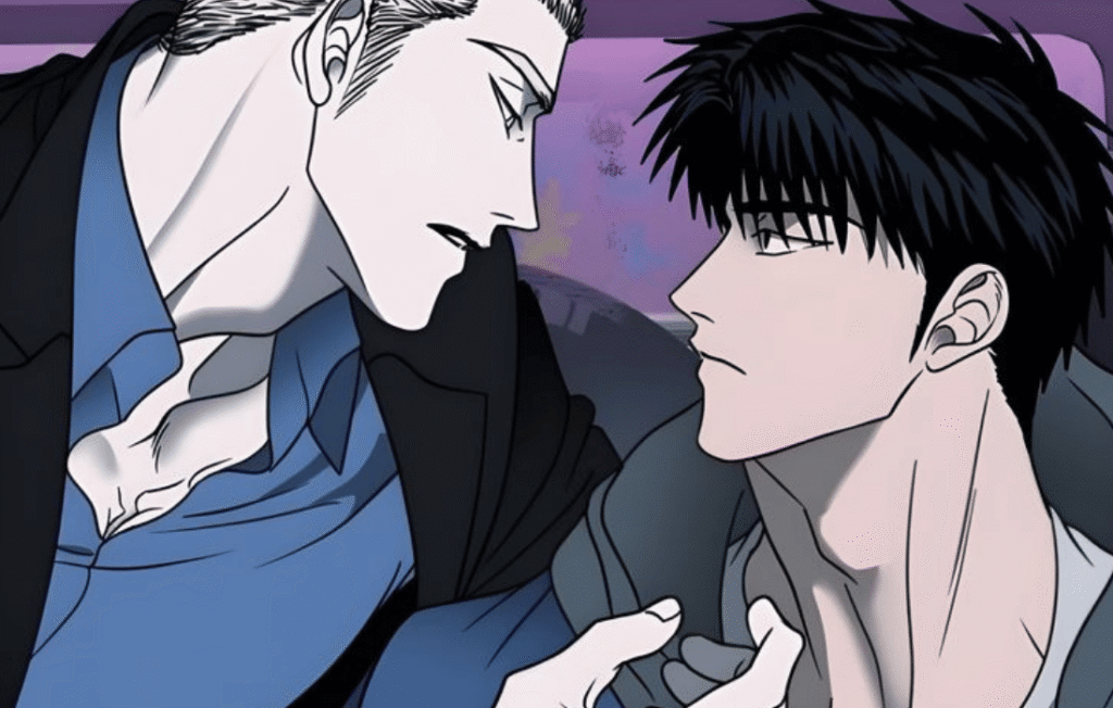 Intense gaze between Jake and Gunwoo in a car.