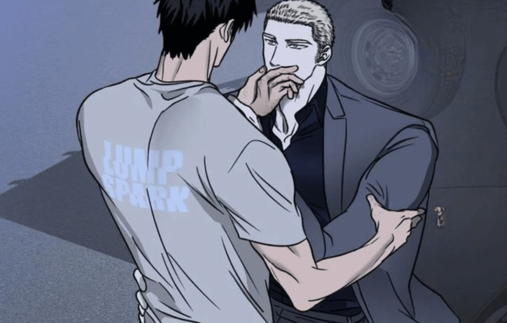 Moon Shin and Jake Gillan embrace in Shutline chapter 105.