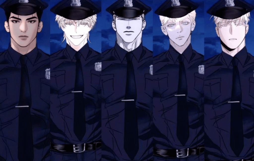 Five Shutline characters wearing police uniforms.