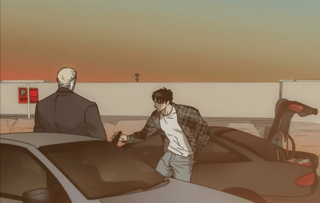 Manhwa scene from Shutline Book at sunset by a car.