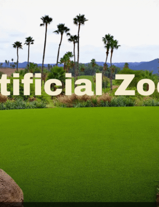 Artificial Zoo landscape with lush green grass and palms.