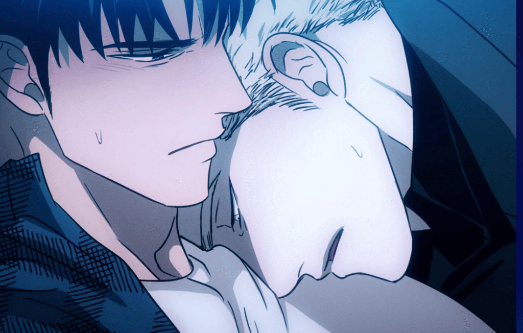 Close-up of two shutline animated men in an emotional embrace.