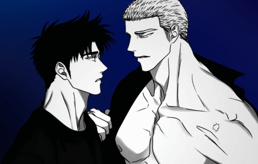 Jake and Shin in a dramatic confrontation from Shutline animated.