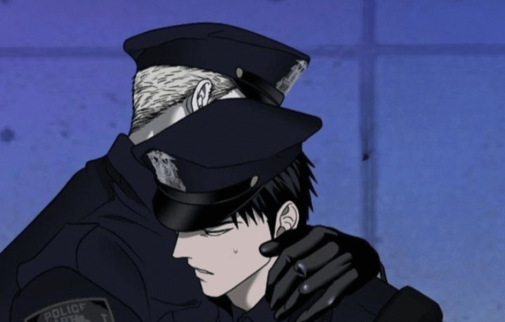 Jake and Moon in police gear from Shutline Mangabuddy.