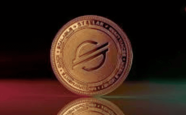 Stellar lon: xlm gold cryptocurrency coin on reflective surface.