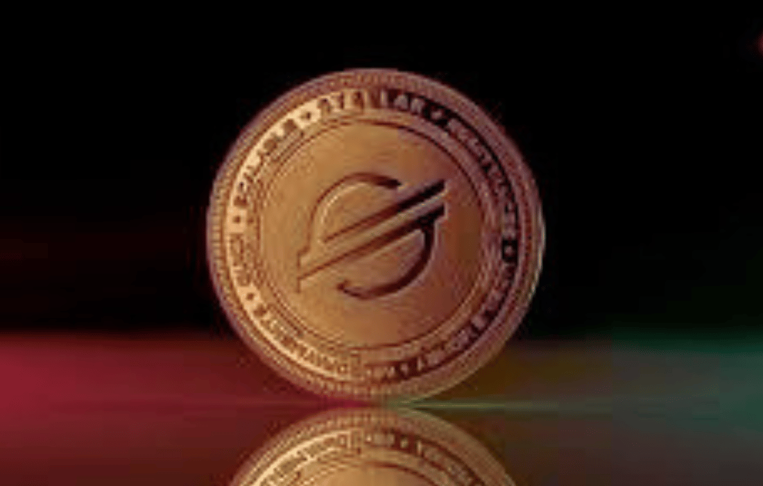 Stellar lon: xlm gold cryptocurrency coin on reflective surface.
