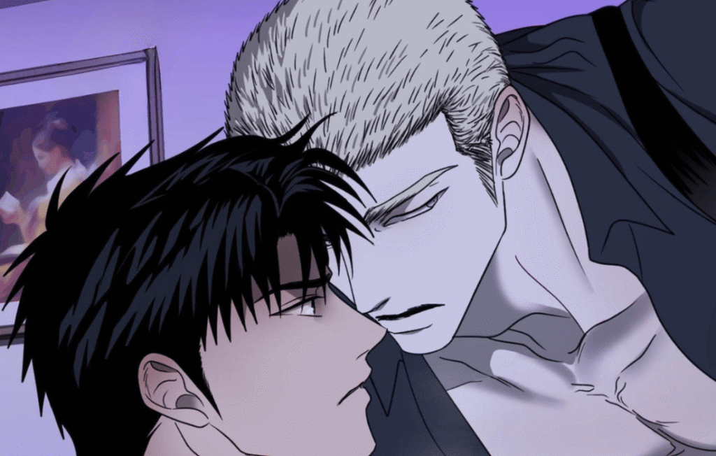 Jake leans over Shin in Shutline chapter 89.