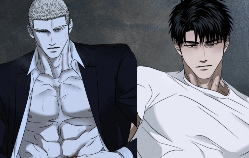 Jake and Gun from Shutline Episode 1 posing shirtless.