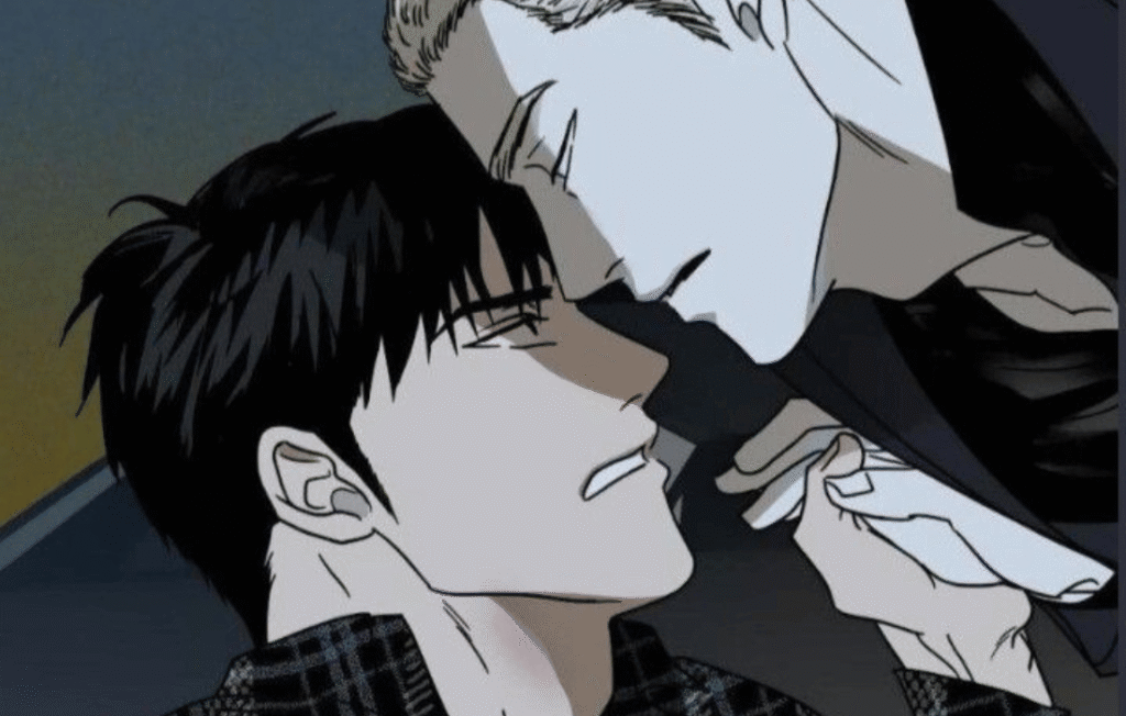 Shutline Chapter 78: Jake leans over a reclining Moon Shin-geon.