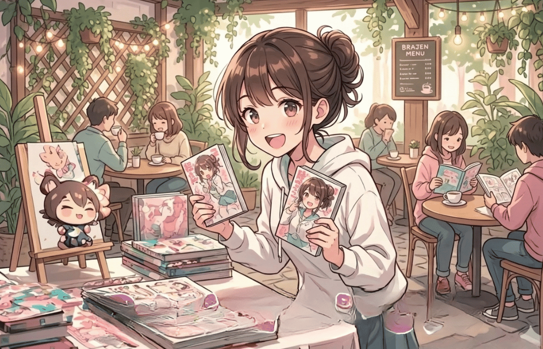 An anime-style illustration of a cheerful female artist with brown hair in a bun, standing in a cozy, plant-filled cafe and holding up two manga books.