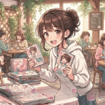 An anime-style illustration of a cheerful female artist with brown hair in a bun, standing in a cozy, plant-filled cafe and holding up two manga books.