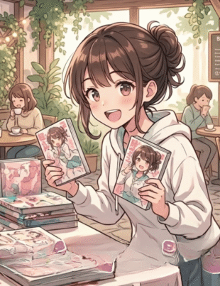 An anime-style illustration of a cheerful female artist with brown hair in a bun, standing in a cozy, plant-filled cafe and holding up two manga books.