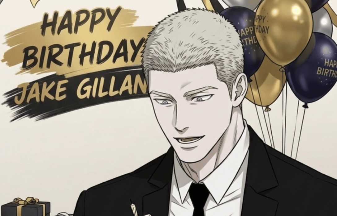 Jake Gillan birthday celebration featuring the Shutline character in a black suit holding a birthday cake slice with gold and black balloons in the background.