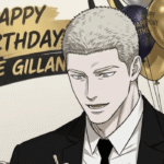 Jake Gillan birthday celebration featuring the Shutline character in a black suit holding a birthday cake slice with gold and black balloons in the background.