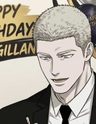Jake Gillan birthday celebration featuring the Shutline character in a black suit holding a birthday cake slice with gold and black balloons in the background.