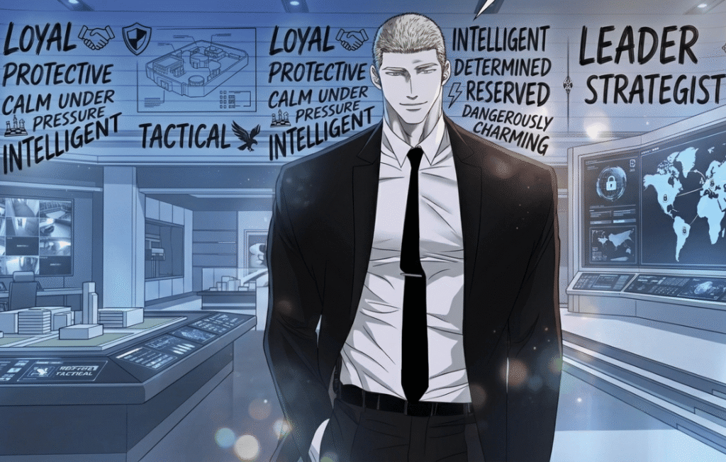 Landscape digital art of Shutline character Jake Gillan in a high-tech command center, with descriptive keywords highlighting his complex personality.