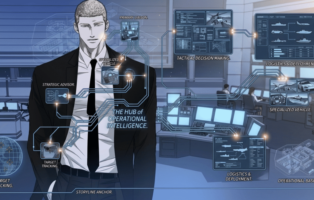 A wide landscape digital illustration of Jake Gillan from Shutline standing in a tactical operations room with digital overlays detailing his roles as a strategic leader and operational hub.
