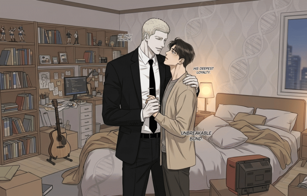 Landscape digital illustration of Jake Gillan and Moon Shingun from the manhwa Shutline in a cozy bedroom setting, featuring stylized text overlays describing their "Unbreakable Bond."