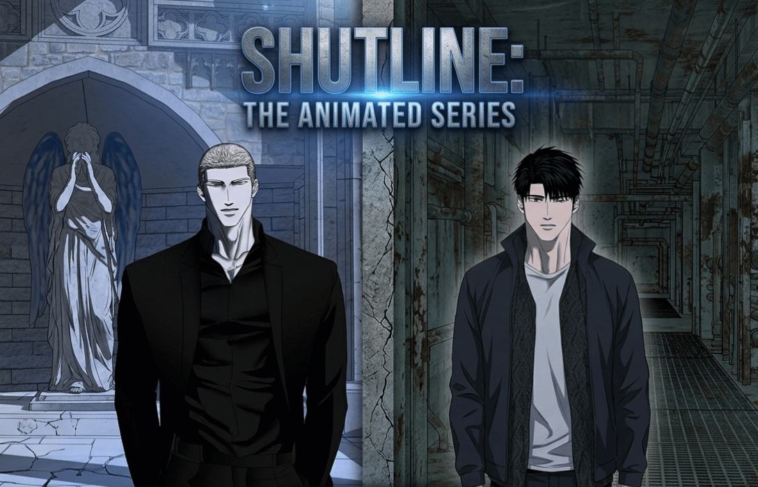 Promotional split-screen poster for Shutline bl Animated Series featuring a man in a black suit by an angel statue and a man in a jacket in a gritty industrial hallway.