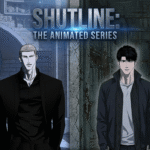 Promotional split-screen poster for Shutline bl Animated Series featuring a man in a black suit by an angel statue and a man in a jacket in a gritty industrial hallway.