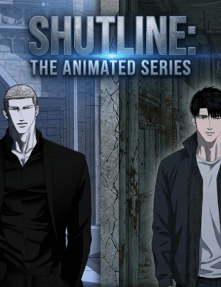 Promotional split-screen poster for Shutline bl Animated Series featuring a man in a black suit by an angel statue and a man in a jacket in a gritty industrial hallway.