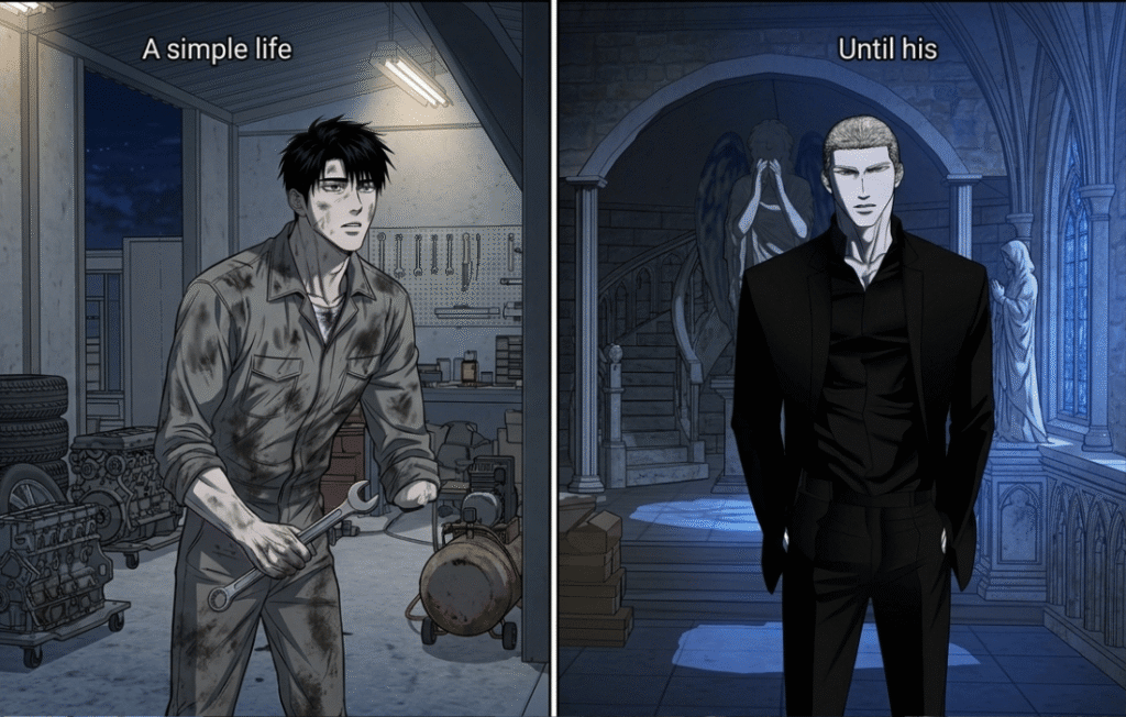 A split-screen webtoon image. Left: A grease-stained mechanic in a garage. Right: A man in a sharp black suit in a gothic stone hall in shutline bl animated.