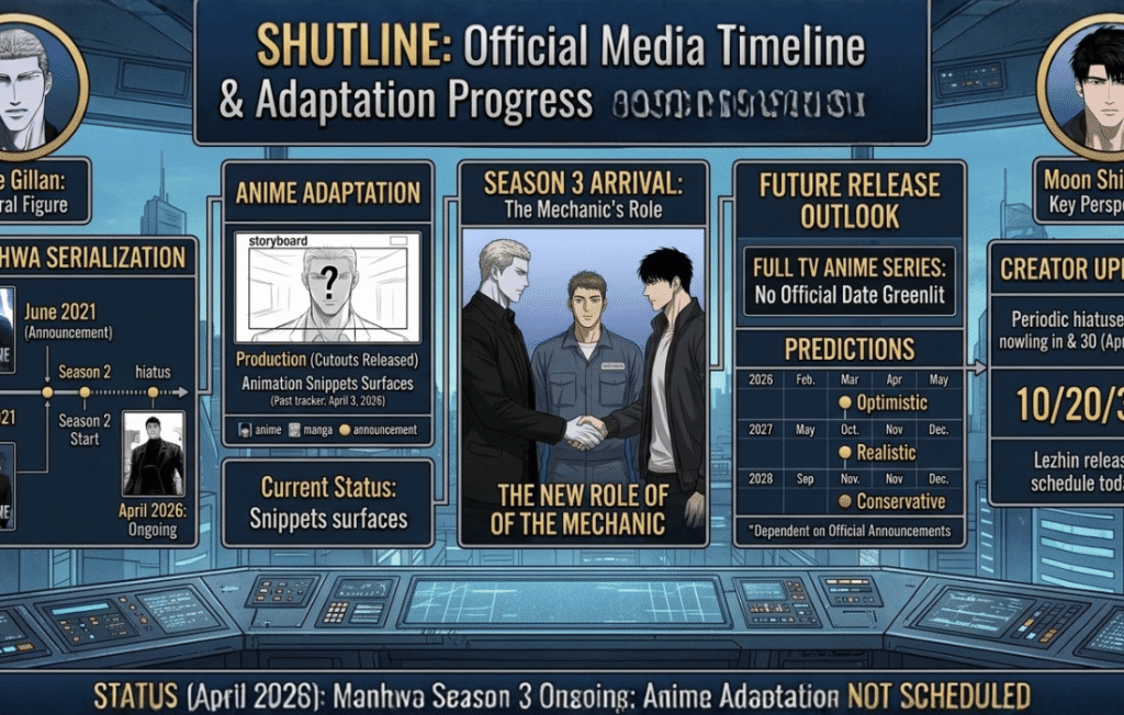 Shutline manhwa and anime adaptation timeline infographic featuring characters Jake Gillan and Moon Shingun with 2026 release status and Season 3 updates.