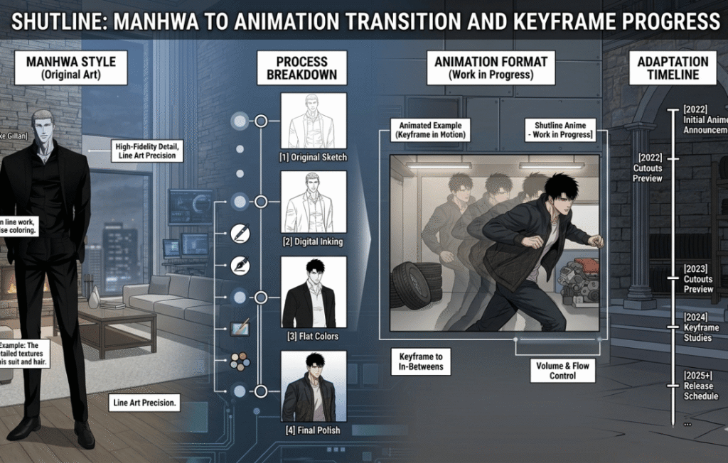 Shutline manhwa to anime adaptation process infographic detailing art style, animation keyframes, and production timeline for characters Jake Gillan and Moon Shingun.