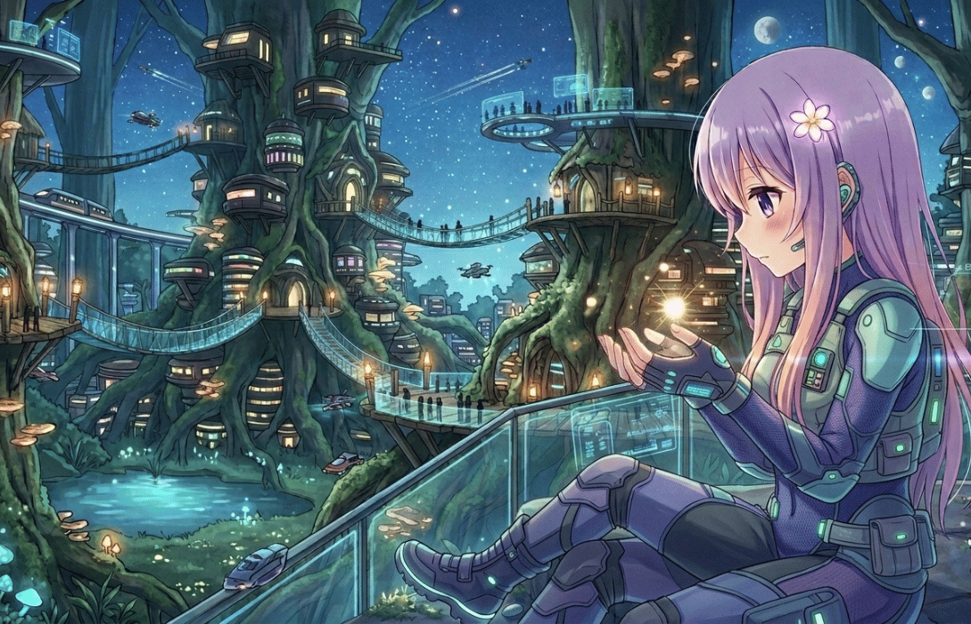 A young woman in sci-fi armor sits on a futuristic balcony, looking at a magical light in her hands. The complex of treehouse buildings is under a starry sky in dojen moe.