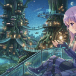A young woman in sci-fi armor sits on a futuristic balcony, looking at a magical light in her hands. The complex of treehouse buildings is under a starry sky in dojen moe.