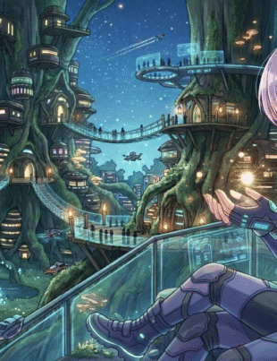 A young woman in sci-fi armor sits on a futuristic balcony, looking at a magical light in her hands. The complex of treehouse buildings is under a starry sky in dojen moe.