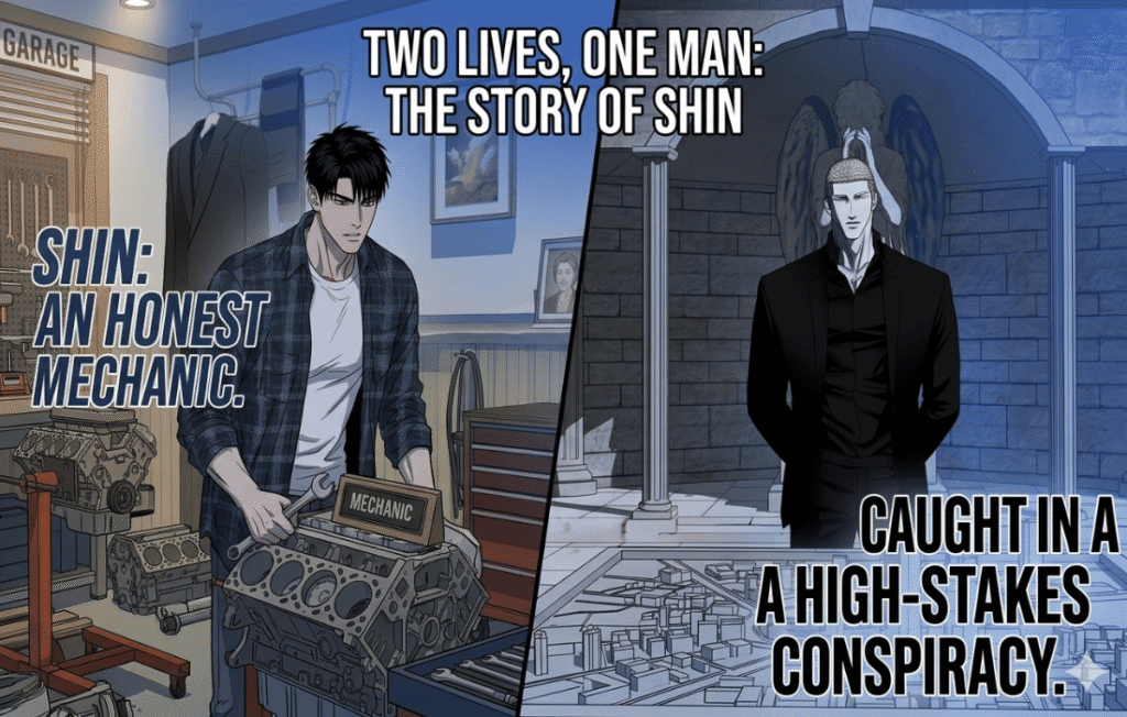 Split-screen manhwa panel of Moon Shingun from 'Shutline.' Left: Shingun as a mechanic in a garage. Right: Shingun in a black suit, symbolizing his part in a conspiracy.