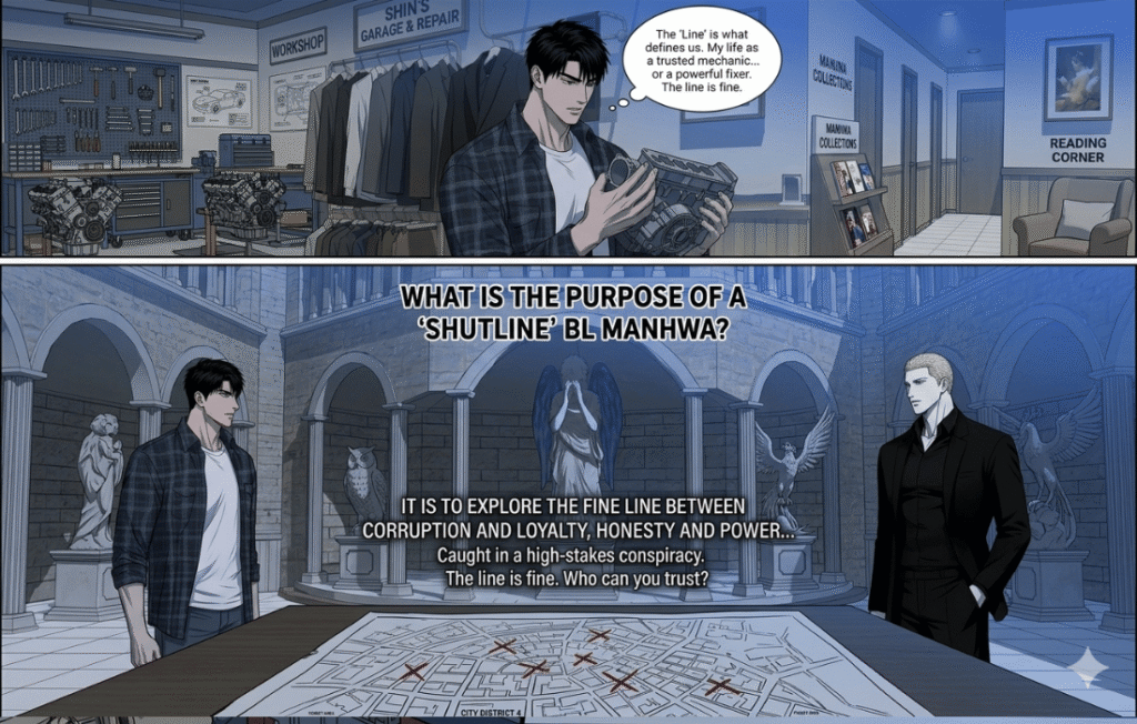 Split-screen Shutline BL manhwa infographic. Top panel shows Moon Shingun in a garage; bottom panel shows Shingun and Jake in a stone courtyard with a city map, explaining the story's themes of loyalty and corruption.