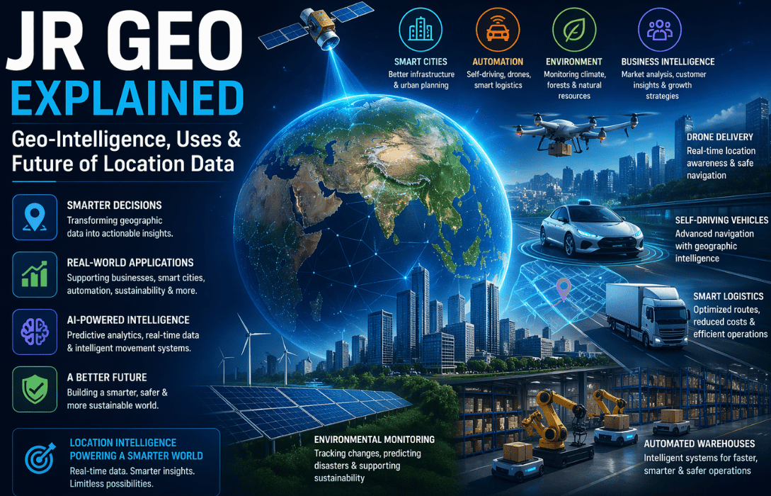 JR Geo Explained infographic showing geo-intelligence, location data uses, smart cities, AI analytics, drone delivery, self-driving cars, and smart logistics applications