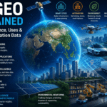 JR Geo Explained infographic showing geo-intelligence, location data uses, smart cities, AI analytics, drone delivery, self-driving cars, and smart logistics applications