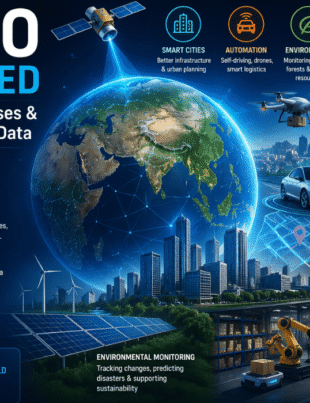 JR Geo Explained infographic showing geo-intelligence, location data uses, smart cities, AI analytics, drone delivery, self-driving cars, and smart logistics applications