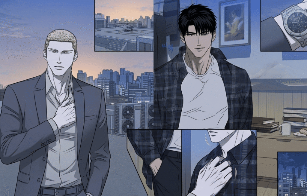 Jake and Shungun from Shutline manhwa in a landscape collage with city backgrounds.