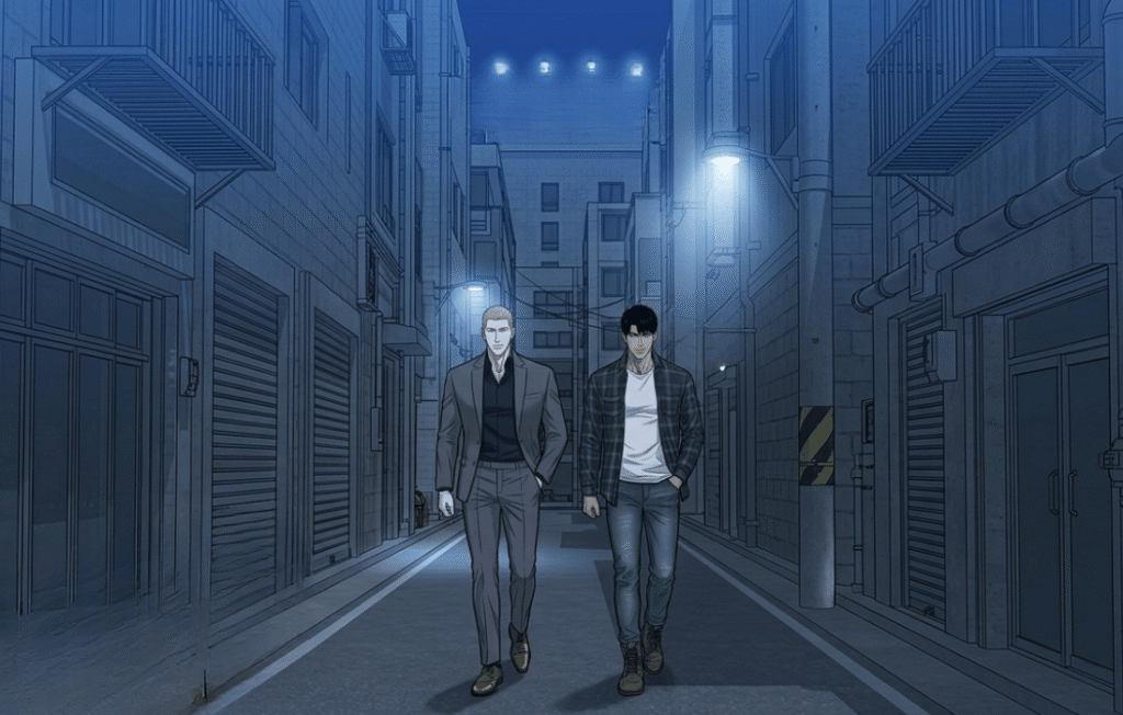 Jake and Shungun walking down a city alleyway in a landscape manhwa panel.