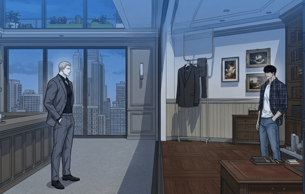 Jake and Shungun facing each other in a luxurious room with city views.