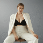 A professional studio portrait of Aleksandra Plus wearing a white tailored blazer over a black bra and matching high-waisted trousers, sitting against a neutral grey background.