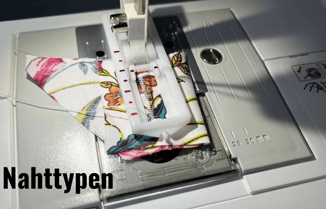 Close-up of a sewing machine stitching floral fabric with buttonhole foot, demonstrating different stitch types (Nahttypen) for sewing and tailoring projects.
