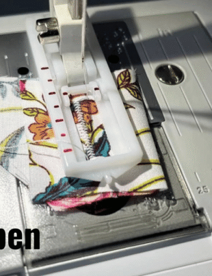 Close-up of a sewing machine stitching floral fabric with buttonhole foot, demonstrating different stitch types (Nahttypen) for sewing and tailoring projects.