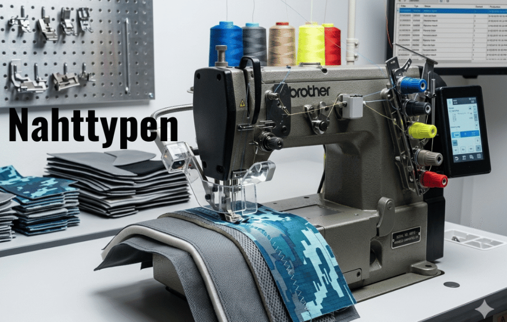 Industrial automatic sewing machine stitching blue camouflage fabric in a professional workshop setting